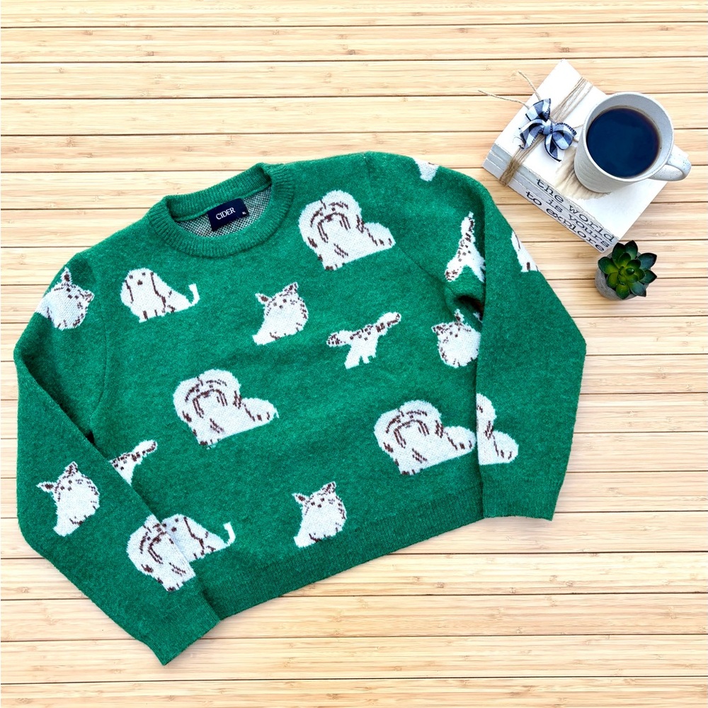 Cider Emerald Green Crewneck Sweater with White Dog Motifs